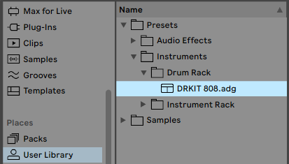 Ableton Live Browser Places Imported Drum Rack